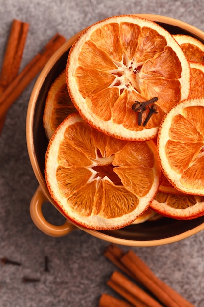 Dried orange slices with cinnamon sticks