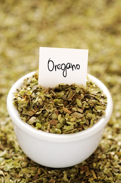 Dried oregano in a white ceramic bowl