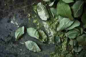 Photo dried organic coca leaves and flour from erythroxylum coca plant in the andes south america
