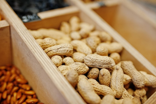 Dried peanuts on the shelf of a supermarket or grocery store