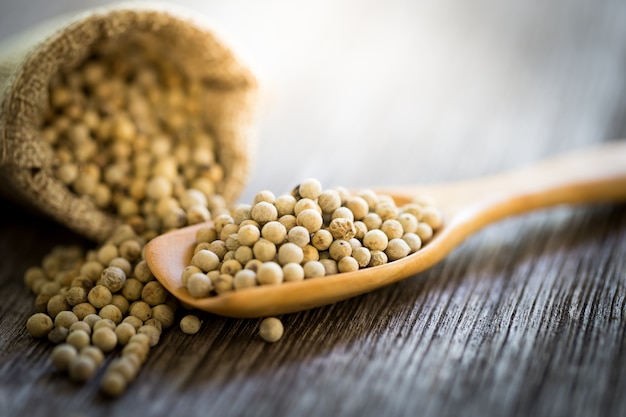 Dried pepper ball on wooden spoon,copy space.