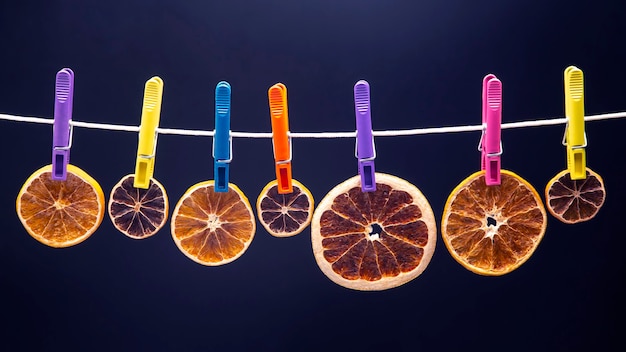 Dried pieces of different citrus fruits hang on colored clothespins