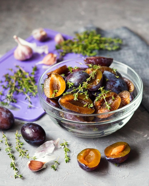 Dried plums with herbs and spices seasonal fruit snack rosemary garlic thyme italian food