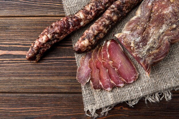 Dried pork meat on table