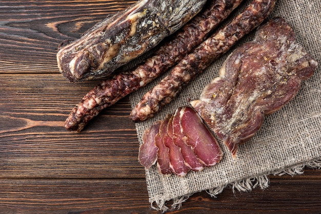 Dried pork meat on table