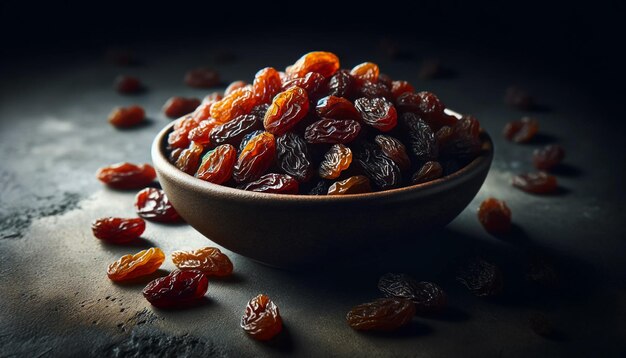 dried raisins in a ceramic bowl set against a dark concrete background