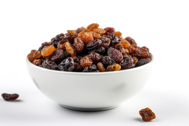 Photo dried raisins in a white bowl on a white background generative ai