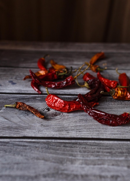 Dried red chili pepper on wooden background