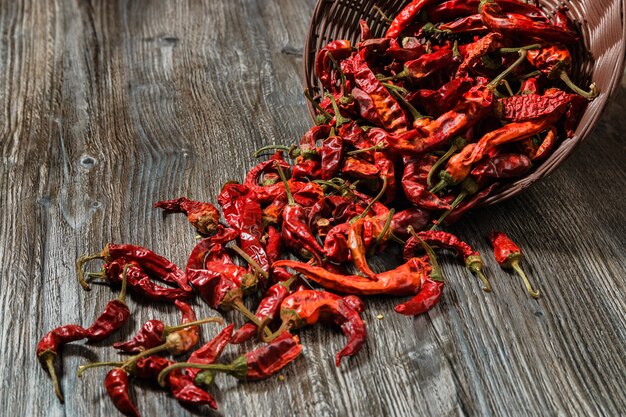 dried red hot chilli pepper on wood