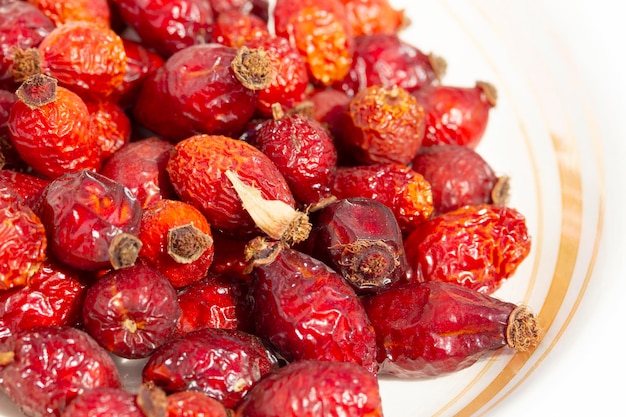 Dried red ripe rosehip fruit