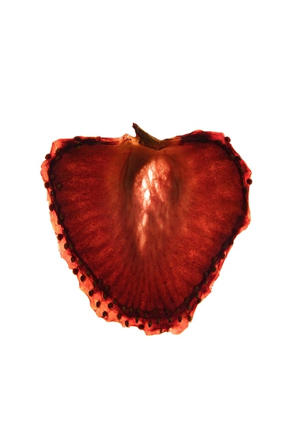 Dried red strawberries crisps On a white background Thin slice of natural strawberries Healthy snack