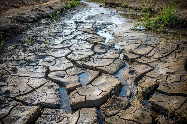 Dried Riverbed Landscape Cracked Bottom with Small Puddles Global Warming Concept