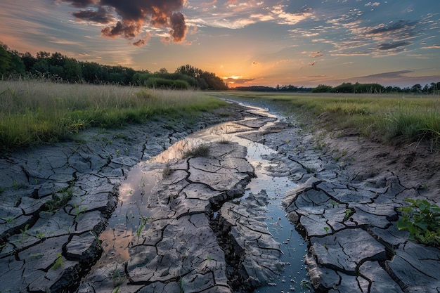 Photo dried riverbed landscape cracked bottom with small puddles global warming concept