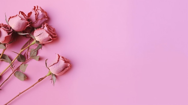 Dried rose flower on pink background