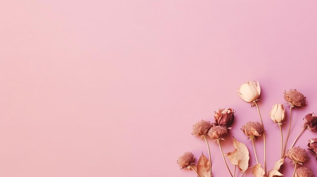 Dried rose flower on pink background