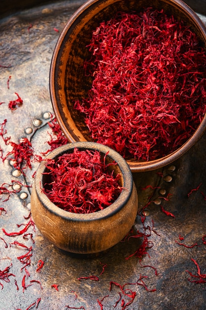 Dried saffron in mortar