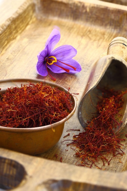 Dried saffron spice and Saffron flower