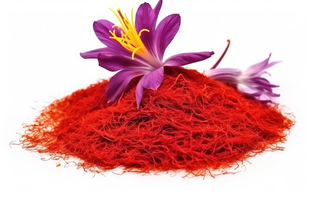 Photo dried saffron spice with flower isolated on white background