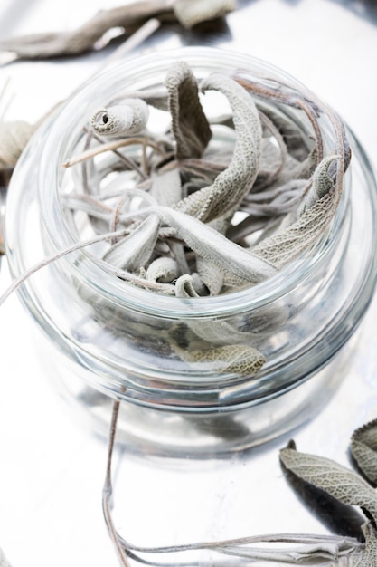 Dried sage leaves in bowl.Salvia in herbal medicine