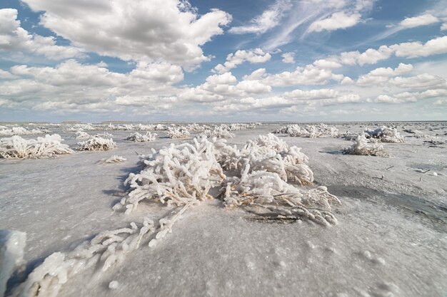 Dried salt lake layer of salt blue sky and clouds