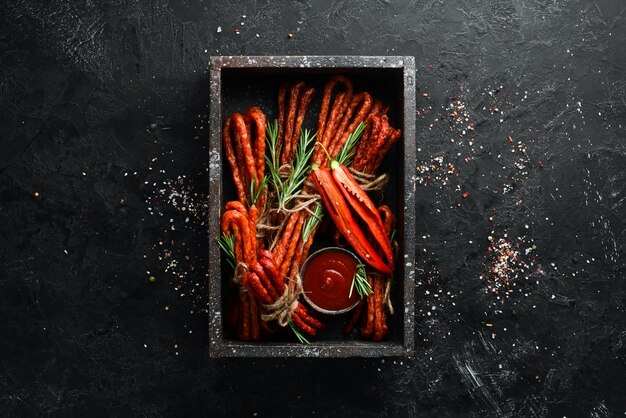 Dried sausages with chili pepper on black stone background Chile peppers Kabanosy Top view Free space for your text