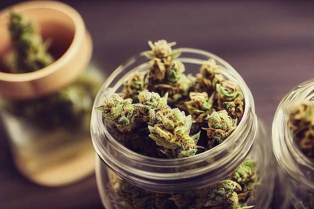 Photo dried selected medicinal marijuana flowers storage in glass jar assorted of trimmed cannabis buds st