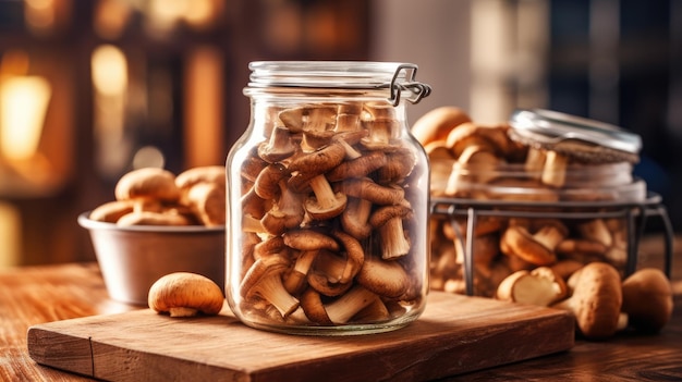 Dried shiitake mushrooms in jar on kitchen table generative ai