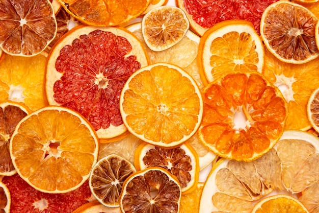 Dried slices of various citrus fruits