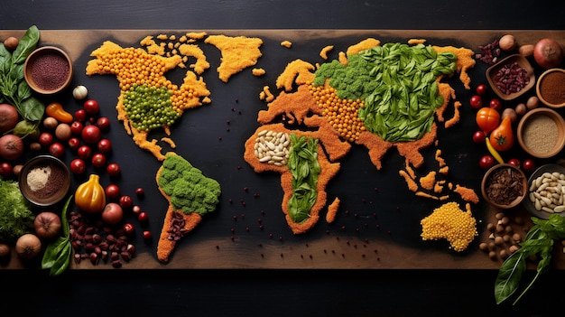 Photo dried spices in world map shape