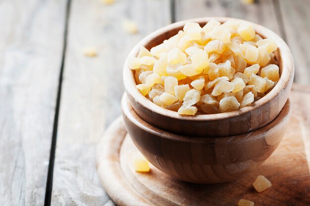 Dried spicy ginger on the wooden table