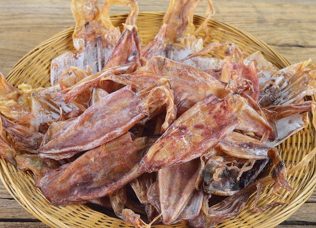 Dried squid on wooden table