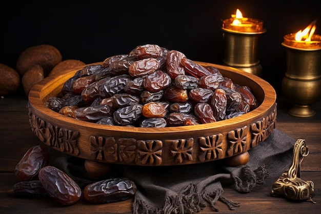 Dried tasty dates in a wooden bowl