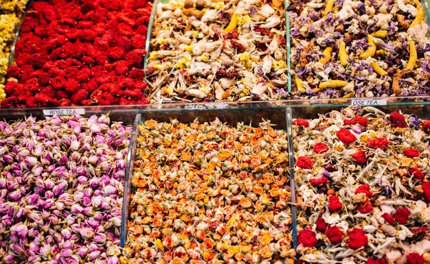 Dried tea fruits herbs flowers at Istanbul Spice Bazaar