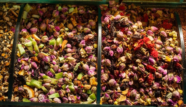 Dried tea fruits herbs flowers at Istanbul Spice Bazaar