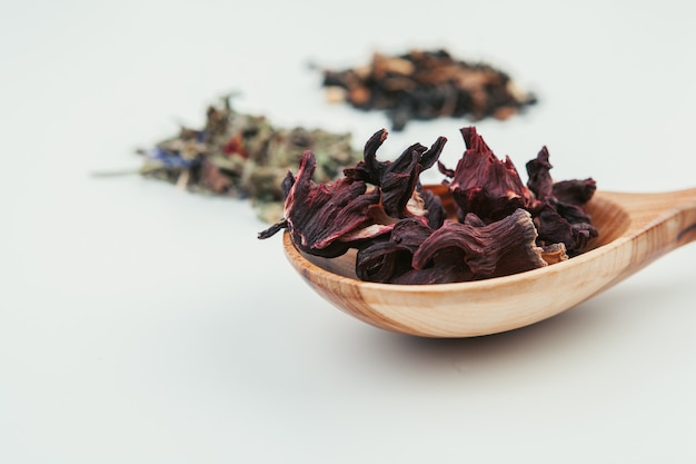 Dried tea heaped teaspoonful, closeup