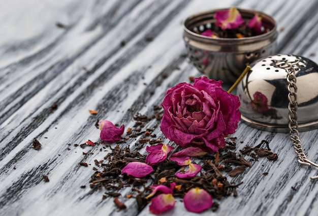 Dried tea with rose petals