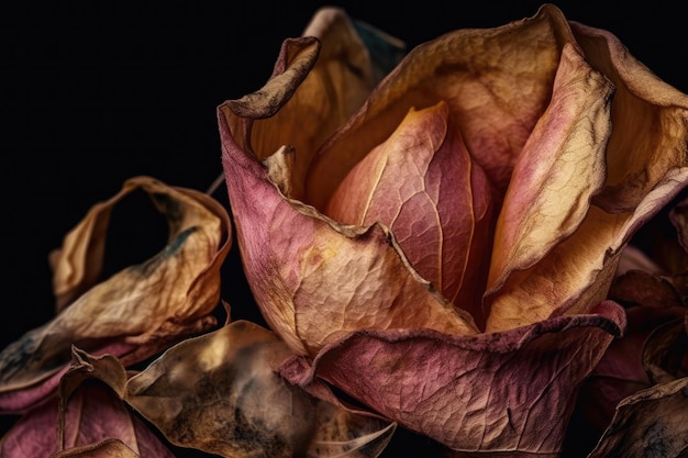 Dried up rose petals Macroscopic photography Background is amorphous Close up of a wilted plant