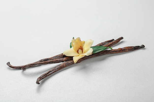 Photo dried vanilla pods and flower on light background