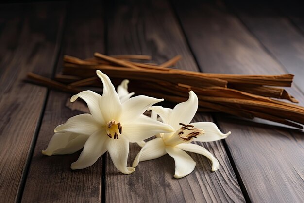 Foto bastoncini di vaniglia secchi e orchidee di vanaglia su un tavolo di legno closeup