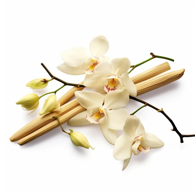 Photo dried vanilla sticks with flowers frozen in the air on a white background