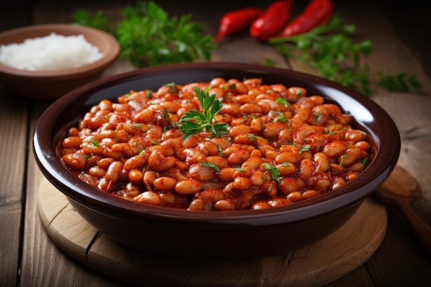 Dried white beans with tomato paste served on a wooden background a classic Turkish dish