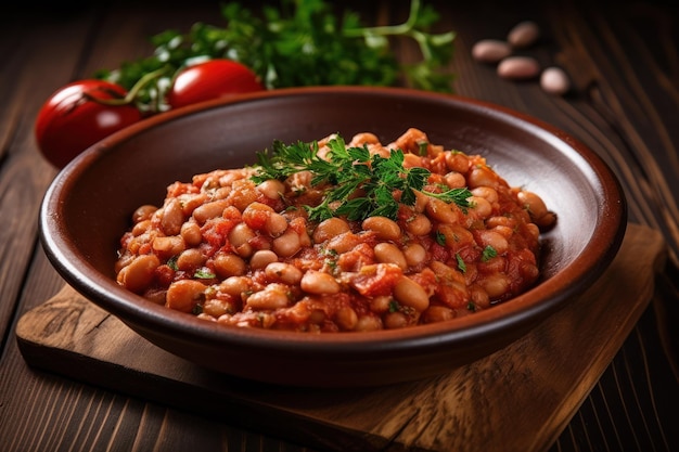 Foto fagioli bianchi secchi con concentrato di pomodoro serviti su uno sfondo di legno