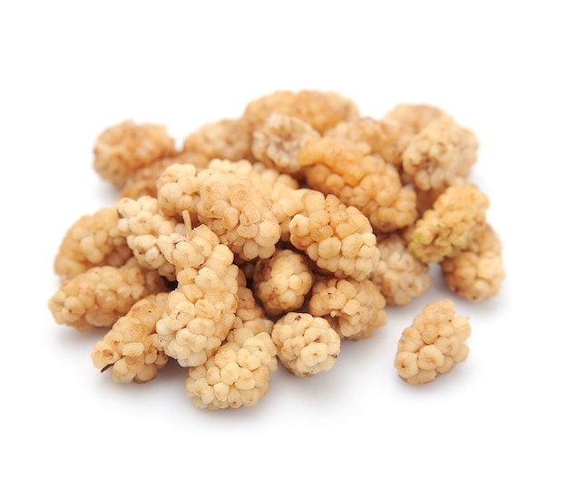Dried white mulberry on a white background