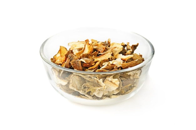 Dried white mushroom in glass ware