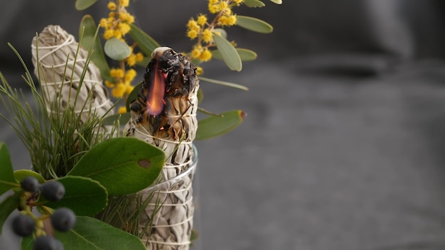 Dried white sage smudge stick, relaxation and aromatherapy. Smudging herbal essential incense.