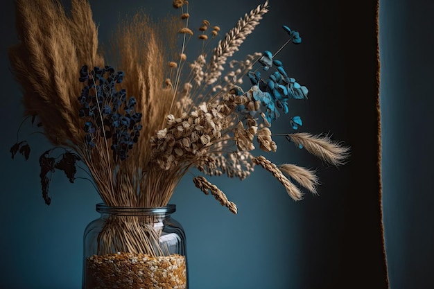 Dried wild cereals for decoration in a glass vase on a table color of 2022