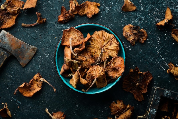 Dried wild mushrooms on a black stone background Autumn food Top view Free space for text