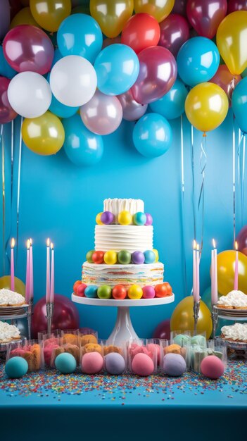 Driedelige verjaardagstaart met regenboogballon op de achtergrond