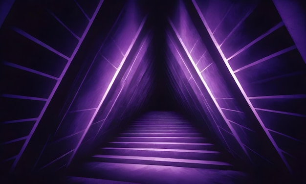 Driehoekige geometrische structuur met paarse verlichting vanuit een n opwaartse perspectief