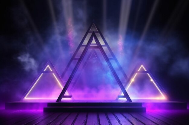 Driehoekige podium met rook en paarse neon lichten